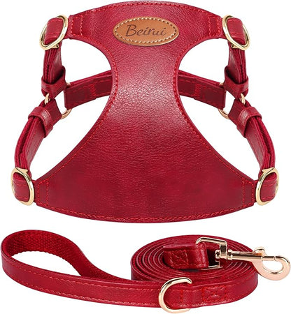 Beirui ‌Stylish PU Leather Dog Harness‌ and Leash Set for Small Dogs, ‌Adjustable Step in Dog Vest Harness with Breathable Mesh Lining and Durable Metal Buckle for Walking Traveling(Red,M)