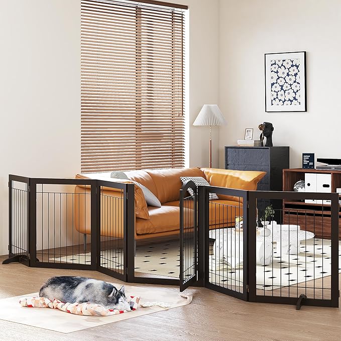PAWLAND 144-inch Extra Wide 30-inches Tall Dog gate with Door Walk Through, Freestanding Wire Pet Gate for The House, Doorway, Stairs, Pet Puppy Safety Fence, Support Feet Included, Espresso,6 Panels