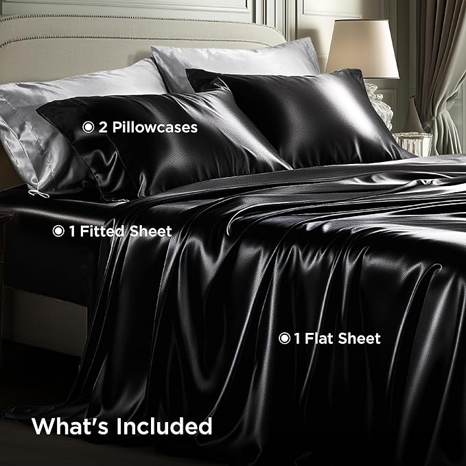 Bedsure Black Satin Sheets Full Size - 4 Piece Silky Bedsheets with 15 Inches Deep Pocket Fitted Bedsheet,1 Flat Sheet, 2 Satin Pillowcases, Good for Hair & Skin (Full, Black)
