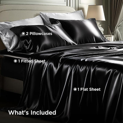 Bedsure Black Satin Sheets Full Size - 4 Piece Silky Bedsheets with 15 Inches Deep Pocket Fitted Bedsheet,1 Flat Sheet, 2 Satin Pillowcases, Good for Hair & Skin (Full, Black)