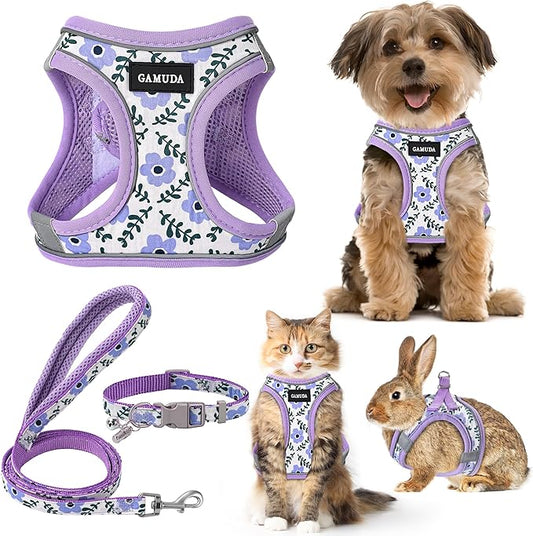 GAMUDA Small Dog Harness Collar and Leash Set, Step in No Chock No Pull Soft Mesh Adjustable Dog Vest Harnesses Plaid Reflective for Dogs Puppy Cats Kitten Rabbit (Purple Flower, XS)