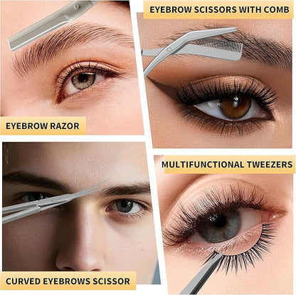 Tweezers for Women Facial Hair, 4 in 1 Eyebrow Kit with Tweezers, Eyebrow Trimmer Scissors, Razor, Style Leather Travel Case, Hair Plucking Daily Beauty Tools
