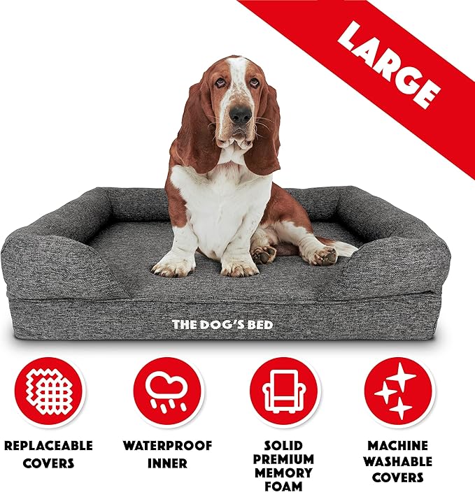 The Dog’s Bed Orthopedic Memory Foam Dog Bed with Bolsters for Large Dogs, Waterproof Washable Cover, Anti-Slip Base, Calming Surface – CertiPUR-Certified Foam, Largeinen Fabric, Grey Linen, Large