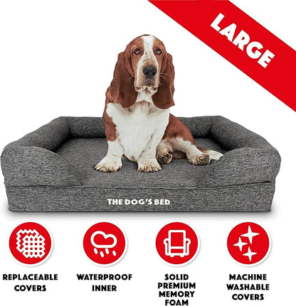 The Dog’s Bed Orthopedic Memory Foam Dog Bed with Bolsters for Large Dogs, Waterproof Washable Cover, Anti-Slip Base, Calming Surface – CertiPUR-Certified Foam, Largeinen Fabric, Grey Linen, Large
