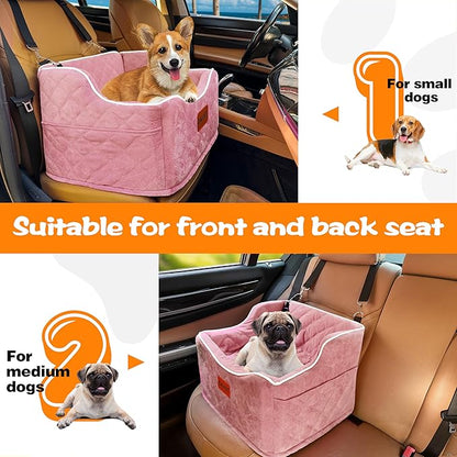 Dog Car Seat for Small Medium Dogs, Detachable Washable Dogs Booster Seat Under 35lbs, Elevated Dog Car Bed with Storage Pockets (Pink, One Size)