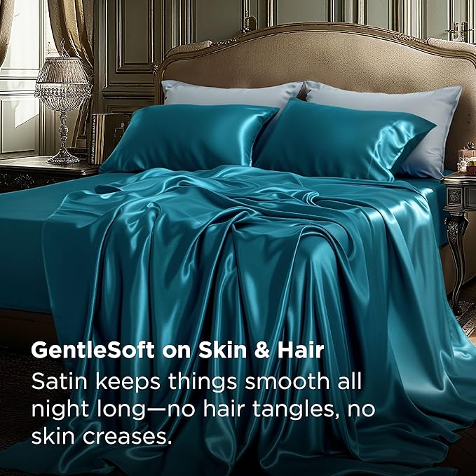 Bedsure Satin Sheets Queen Size - 4 Piece Silky Bedsheets with 15 Inches Deep Pocket Fitted Bedsheet,1 Flat Sheet, 2 Satin Pillowcases, Good for Hair & Skin (Queen, Teal)
