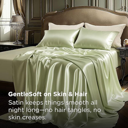 Bedsure Satin Sheets King Size - 4 Piece Silky Bedsheets with Elastic Corner Straps and 15 Inches Deep Pocket Fitted Bedsheet,1 Flat Sheet, 2 Satin Pillowcases, Good for Hair &Skin (King, Light Green)