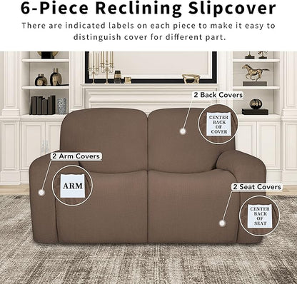 Easy-Going 100% Dual Waterproof Recliner Loveseat Cover, 6-Pieces Stretch Relining Sofa Cover with Pocket, Jacquard 2 Seat Sofa Slipcover Leakproof Washable (Loveseat, Brown)