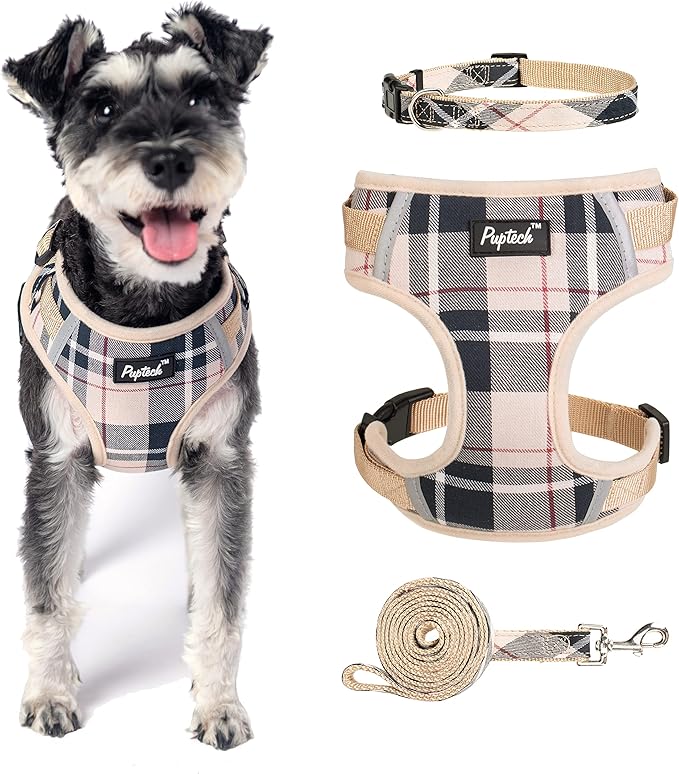 PUPTECK Small Dog Harness and Leash Set, No Pull Adjustable Puppy Cat Harness, Reflective Soft Mesh Pet Vest Small Sized, Beige Plaid, XS