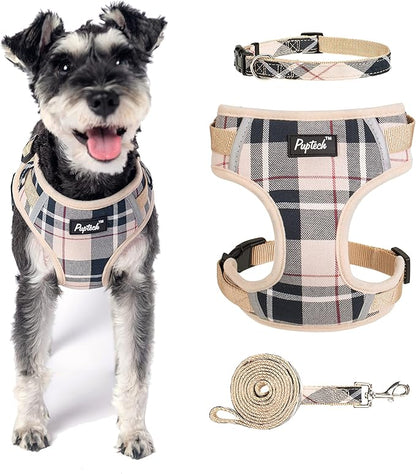 PUPTECK Small Dog Harness and Leash Set, No Pull Adjustable Puppy Cat Harness, Reflective Soft Mesh Pet Vest Small Sized, Beige Plaid, S