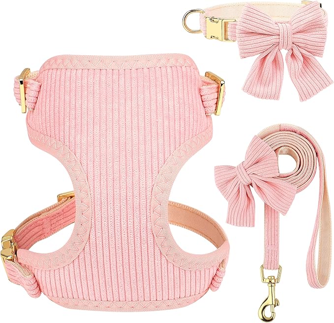Didog Cute Small Dog Harness Collar and Leash Set with Bowtie, Breathable Soft Mesh Padded Puppy Harness, Pink Dog Harness for Parties, Holiday Gatherings & Gifts, Pink, S