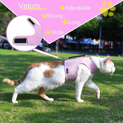 Kitty Harness and Leash for Walking Escape Proof Breathable Mesh Fabric, Solid Pink, Small, Adjustable Cat Walking Jackets with Handle, Padded Stylish Cat Vest