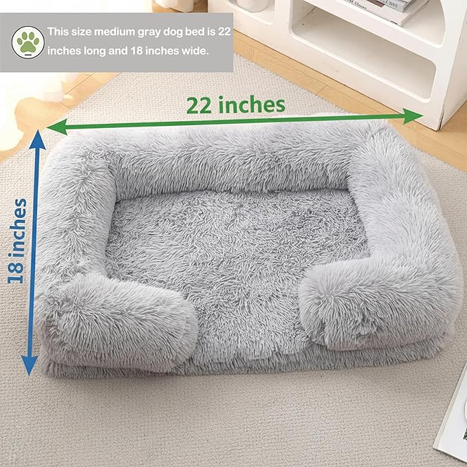 Orthopedic Dog Bed for Medium Dogs - Washable Memory Foam Pet Sofa, Fluffy Plush Rectangular Bed, Waterproof Anti-Anxiety Couch, Light Gray, M