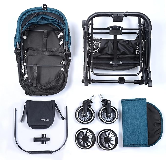 Dog Stroller for Small Medium Dogs & Cats Up to 50 lbs – NTHUT WagZee Foldable Pet Stroller with 360° Mesh Windows, One-Click Fold, Reflective Trim, Storage Basket & Cup Holder (Black Teal)