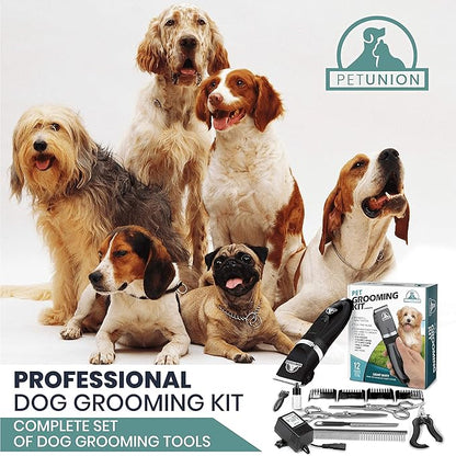 Pet Union Professional Dog Grooming Kit, Rechargeable, Cordless, Low Noise Dog Clippers for Grooming Thick Coats - Clippers, Nail Trimmer, Complete Grooming Set for Dogs, Cats and Other Pets (Chrome)