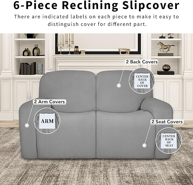 Easy-Going 100% Dual Waterproof Recliner Loveseat Cover, 6-Pieces Stretch Relining Sofa Cover with Pocket, Jacquard 2 Seat Sofa Slipcover Leakproof Washable (Loveseat, Light Gray)