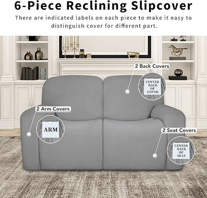 Easy-Going 100% Dual Waterproof Recliner Loveseat Cover, 6-Pieces Stretch Relining Sofa Cover with Pocket, Jacquard 2 Seat Sofa Slipcover Leakproof Washable (Loveseat, Light Gray)