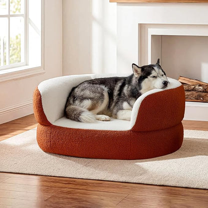 39.4" Orange Large Dog Couch Bed for Large Dogs Under 80lbs, Semi-Wrapped Round Faux Shearling Elevated Dog Sofa Chair, No Assembly Required Luxurious Indoor Furniture Style Pet Supplies
