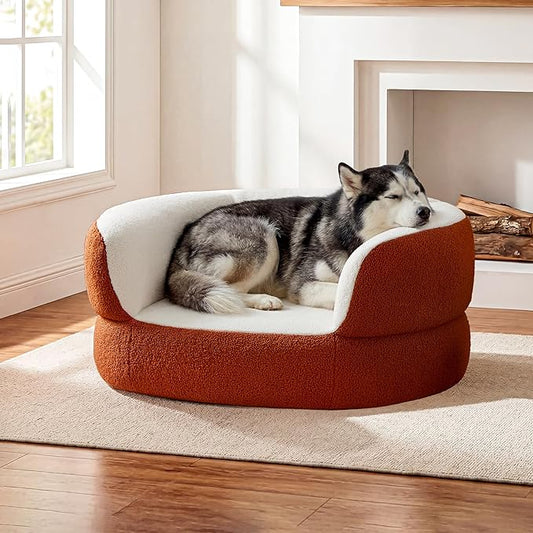 39.4" Orange Large Dog Couch Bed for Large Dogs Under 80lbs, Semi-Wrapped Round Faux Shearling Elevated Dog Sofa Chair, No Assembly Required Luxurious Indoor Furniture Style Pet Supplies