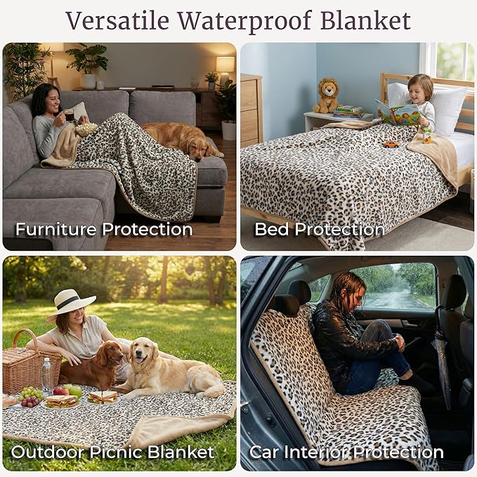 Waterproof Blanket for Bed, Couch, or Car - 60” x 80” Reversible Queen Size Throw Blanket for Reliable Leakproof Furniture Protection - Washable Pet Throws by Lavish Home (Leopard Print)