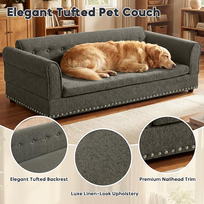 Elevated Dog Sofa for Medium to Large Dogs, Button Tufted Dog Couch Bed with Backrest and Armrests, Durable Memory Foam Pet Bed, Removable Cushion for Medium and Large Dogs, Dark Grey