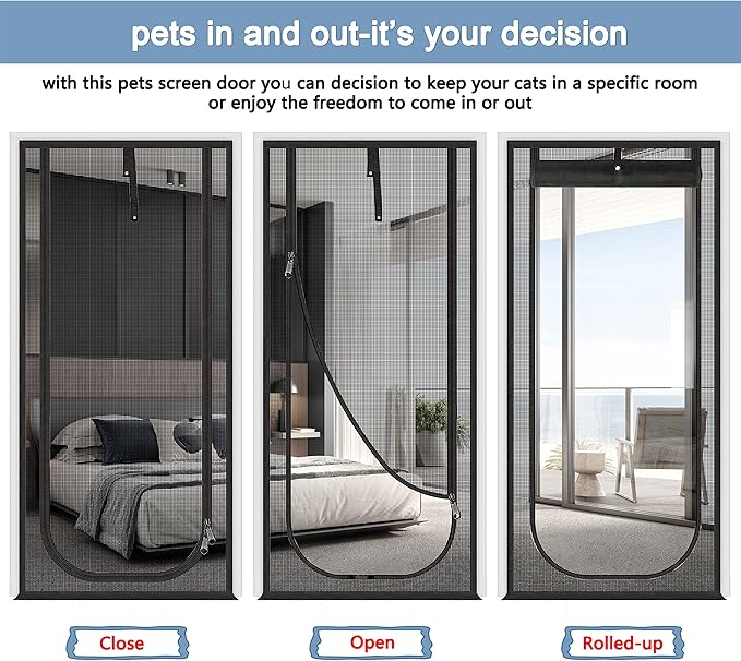 QWR Upgraded Pet Screen Door Fits Door Opening Size Up to 30"x80",Heavy Duty Cat Proof Mesh Screen Door with Zipper Closure,Prevent Cats Running Out from Home,Bedroom,Living Room,Kitchen(U-type,Black)