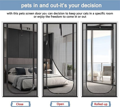 QWR Reinforced Cat Screen Door,Fits Door Opening Size 32''x 80'',Thickened Cat Proof Mesh Screen Door with Zipper Closure for Living Room,Kitchen,Bedroom (U-Type,Black)