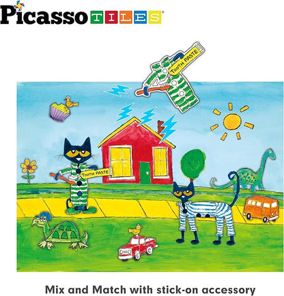 PicassoTiles Pete The Cat 80pc Magnetic Board Game Puzzle Playset Reusable Mix & Match Cartoon Toy with Storytelling, STEM Learning Activity Book and Storage Educational Kids Toys for Ages 3+ PTC02