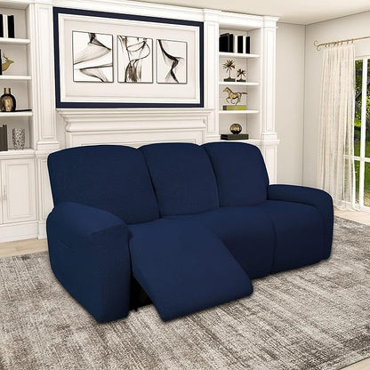 Easy-Going 100% Dual Waterproof Recliner Sofa Cover, 8-Pieces Stretch Relining Couch Cover with Pocket, Jacquard 3 Seat Sofa Slipcover Leakproof Washable (Sofa, Navy)