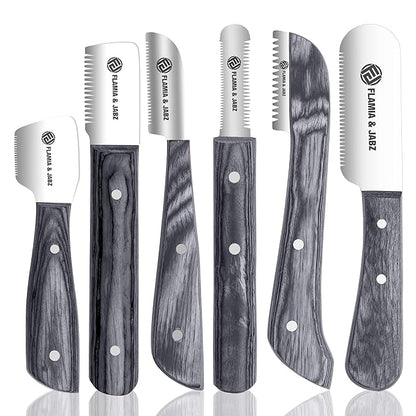 FJ Professional Stripping Knife kit (6 pieces set) for Dogs & Pets, Wooden Handle Grip with Stainless Steel Blade (Right handed) (Black)