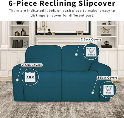 Easy-Going 100% Dual Waterproof Recliner Loveseat Cover, 6-Pieces Stretch Relining Sofa Cover with Pocket, Jacquard 2 Seat Sofa Slipcover Leakproof Washable (Loveseat, Peacock Blue)