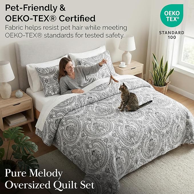 Southshore Fine Living, Inc. Boho King Quilt Set, Lightweight Bedspread, Summer Coverlet, 3-Piece Paisley Bedding Set with Two Matching Quilted Pillow Shams, California/King Quilts, Black
