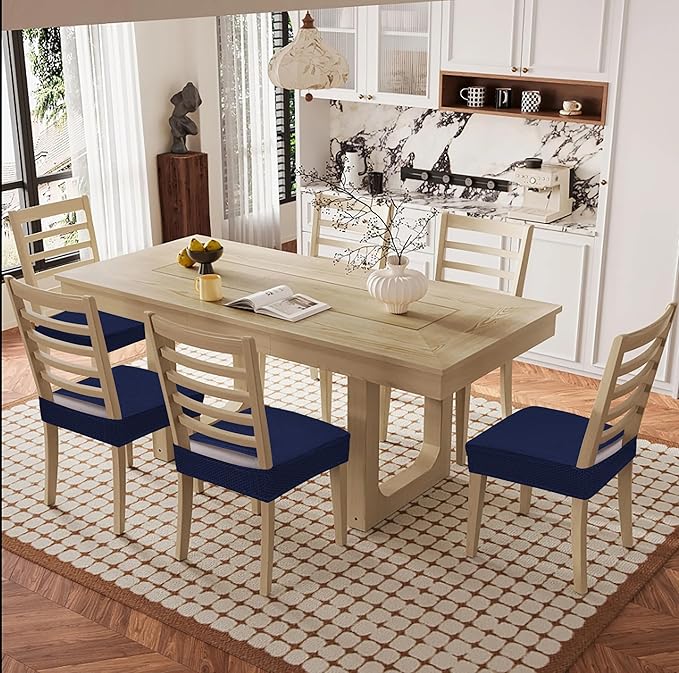Smiry Waterproof Seat Covers for Dining Room Chairs Set of 6, Stretch Jacquard Removable Washable Chair Seat Slipcovers Protector, No Rear Covers, Federal Blue