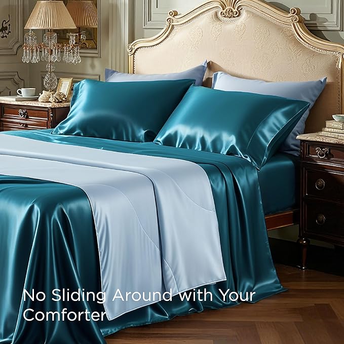 Bedsure Satin Sheets Full Size - 4 Piece Silky Bedsheets with 15 Inches Deep Pocket Fitted Bedsheet,1 Flat Sheet, 2 Satin Pillowcases, Good for Hair & Skin (Full, Teal)