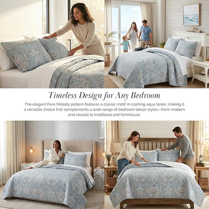 Southshore Fine Living, Inc. Oversized Quilt King Size Bedding Set, Lightweight Comforter, Cal King Quilt Coverlet & 2 Matching Quilted Pillow Shams, Blue Paisley Comforter Set, Pure Melody Aqua