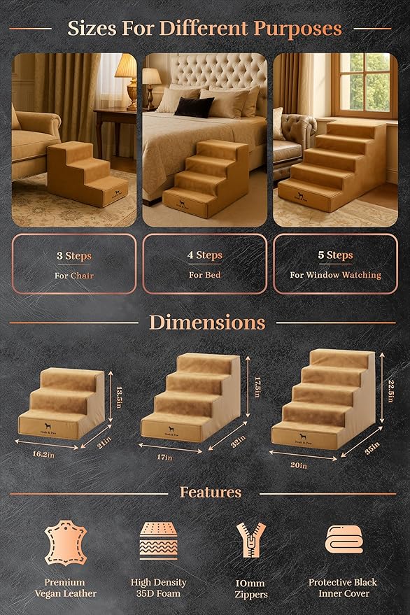 Noah & Paw Dog Stairs, Dog Ramp for Bed (20" Extra Wide) Pet Stairs for High Bed, Design to Fit Small and Large Breeds, Durable 5 Pet Steps for Couch (35 Foam Density) Leather Collection