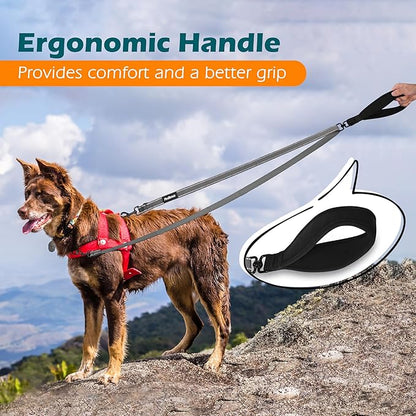 PetBonus Two Point Control Dog Leash, Works with No Pull Harnesses, No Tangle Training Leashes, Soft Padded and Reflective Walking Lead, Converts to Single Lead for Medium Large Dogs (Grey)