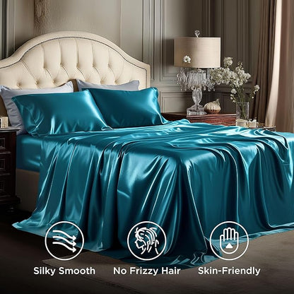 Bedsure Satin Sheets Queen Size - 4 Piece Silky Bedsheets with 15 Inches Deep Pocket Fitted Bedsheet,1 Flat Sheet, 2 Satin Pillowcases, Good for Hair & Skin (Queen, Teal)