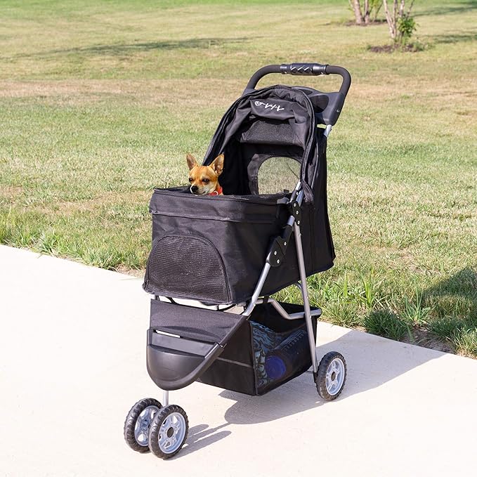 VIVO Black 3 Wheel Pet Stroller for Cat, Dog and More, Foldable Carrier Strolling Cart, STROLR-V003K