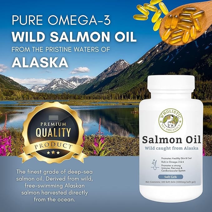 Wholistic Pet Organics Wild Alaskan Salmon Oil for Dogs and Cats - Omega 3 Fish Oil for Dogs & Cats - Cat & Dog Skin and Coat Supplement, Heart and Joint Health - DHA, EPA Omega 3 6 9-100 Soft Gels