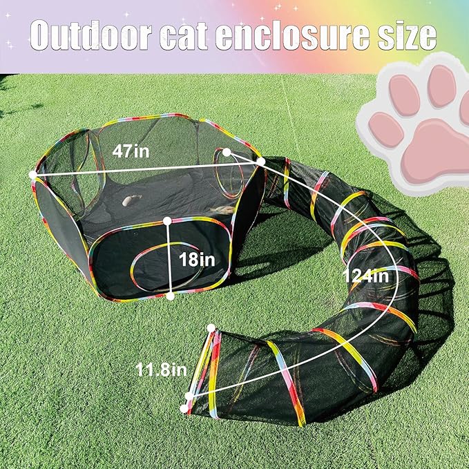 Catio Outdoor Cat Enclosure, Portable Cat Tunnel Playground with Rainbow Tent, Circle Cat Playpen Tunnel for Kitty and Small Family Pet Indoor & Outside Play