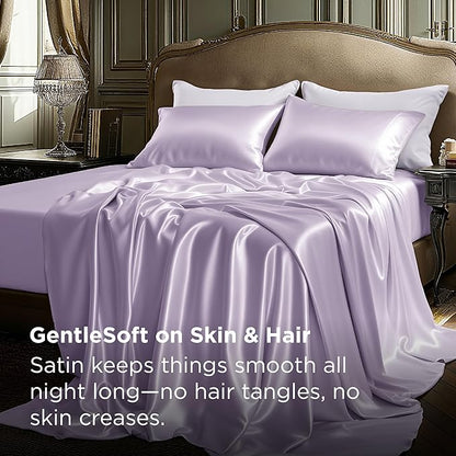 Bedsure Satin Sheets Queen Size - 4 Piece Silky Bedsheets with Elastic Corner Straps and 15 Inches Deep Pocket Fitted Bedsheet,1 Flat Sheet, 2 Satin Pillowcases, Good for Hair & Skin (Queen, Lavender)