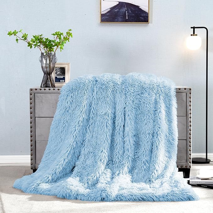 JONIYEAR Extra Large Decorative Fluffy Faux Fur Blanket Full Size 71" x 80", Soft Luxury Lightweight Furry Blankets, Accent Cozy Shaggy Plush Fuzzy Blankets for Bed, Thick Warm Winter Blanket, Blue