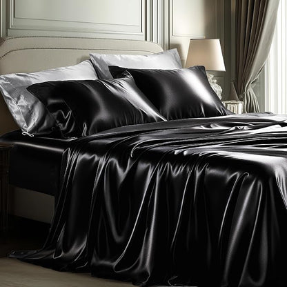 Bedsure Black Satin Sheets Queen Size - 4 Piece Silky Bedsheets with Elastic Corner Straps and 15 Inches Deep Pocket Fitted Bedsheet,1 Flat Sheet, 2 Satin Pillowcases, Good for Hair& Skin(Queen,Black)
