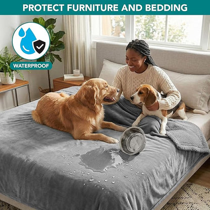PetAmi Waterproof Dog Blanket for Medium Large XL Dog Puppy Cat Throw for Couch Cover Leakproof Protection, Sherpa Fleece, Reversible Soft Washable 80x60 Light Gray