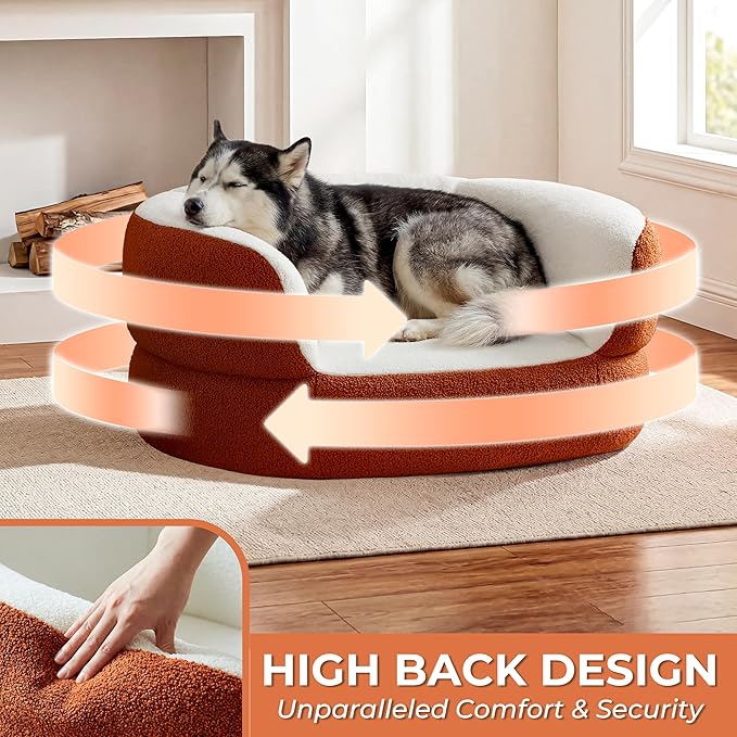 39.4" Orange Large Dog Couch Bed for Large Dogs Under 80lbs, Semi-Wrapped Round Faux Shearling Elevated Dog Sofa Chair, No Assembly Required Luxurious Indoor Furniture Style Pet Supplies