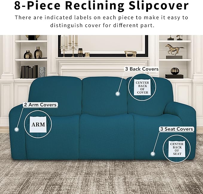 Easy-Going 100% Dual Waterproof Recliner Sofa Cover, 8-Pieces Stretch Relining Couch Cover with Pocket, Jacquard 3 Seat Sofa Slipcover Leakproof Washable (Sofa, Peacock Blue)