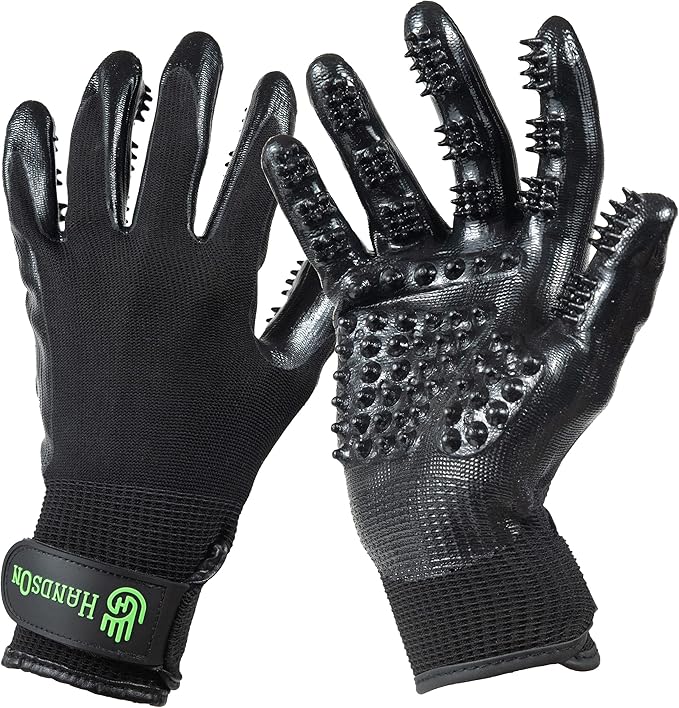 H HandsOn Pet Grooming Gloves - Patented #1 Ranked, Award Winning Shedding, Bathing, & Hair Remover Gloves - Gentle Brush for Cats, Dogs, and Horses (Black, Junior)