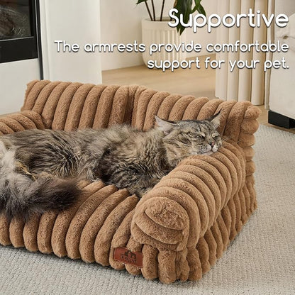 Hollypet Fluffy Dog Cat Bed Pet Couch Beds Plush Soft Warming Washable Puppy Bed for Small Medium Dogs and Large Cats, Brown, 24" L x 18" W x 10" Th