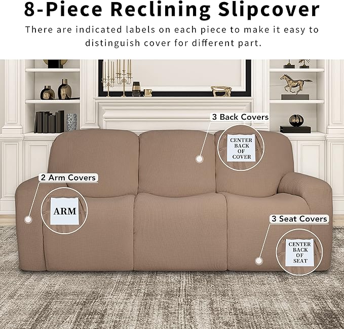 Easy-Going 100% Dual Waterproof Recliner Sofa Cover, 8-Pieces Stretch Relining Couch Cover with Pocket, Jacquard 3 Seat Sofa Slipcover Leakproof Washable (Sofa, Camel)